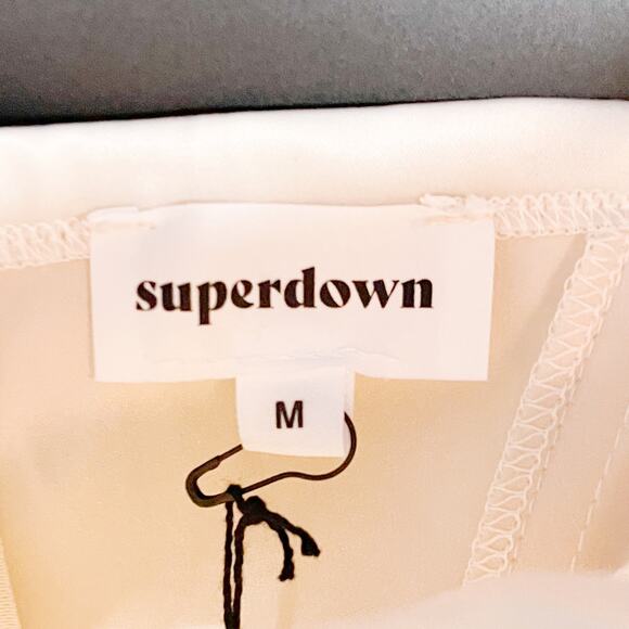 Superdown Solare Mini Dress Champagne Cream Strapless‎ Lace-Up Satin Flare Sz M - Picture 8 of 13